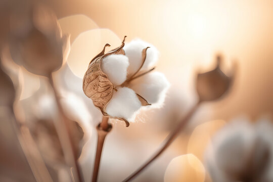 A macro shot of a cotton plant with a blurred. Dried fluffy cotton flower branch on a beige background. Cotton fields. Realistic 3D illustration. Generative AI