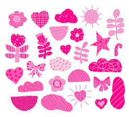 Pink modern minimalistic shapes. Collection Barbiecore of decorative flowers, hearts, spots and abstract figure. Vector illustration. Isolated cut form elements for design, decor, decoration.