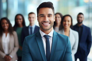 Businessman portrait with a team of diverse professionals in the background. High quality