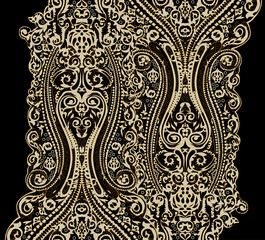 Traditional Asian paisley border on dark background. Fantasy flowers and paisley in retro, vintage, jacobean embroidery style. Elements, motif for design. Vector illustration.