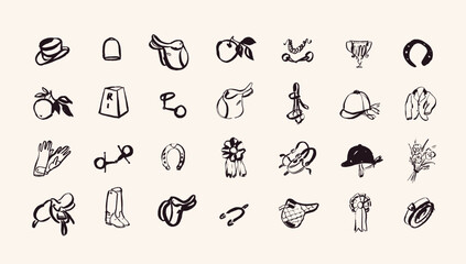 Hand drawn equestrian icons, horse back riding items in outlined style, isolated vector elements - 629652367
