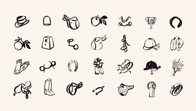 Hand drawn equestrian icons, horse back riding items in outlined style, isolated vector elements