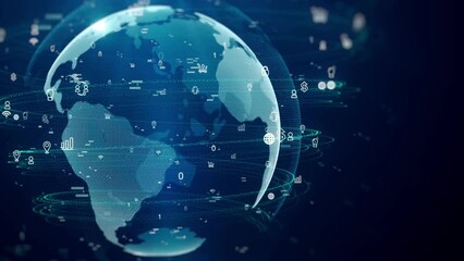A futuristic animation of a rotating globe with digital connections and data streams. The video illustrates the concept of global communication, information technology, internet,cloud computing and AI - Powered by Adobe