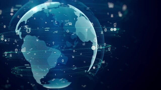 A futuristic animation of a rotating globe with digital connections and data streams. The video illustrates the concept of global communication, information technology, internet,cloud computing and AI