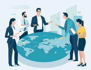 Global trade, investing. The team has a discussion at a round table with a map of the Earth. Business vector illustration. 