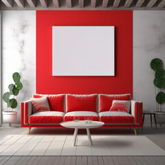 A cozy living room with a vibrant red couch and a sleek white table, perfect for studying and relaxing