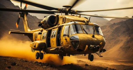 Abwaschbare Fototapete Military Helicopter Maneuvers in Desert Environment © Bartek