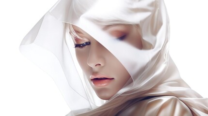 Beautiful young woman in headscarf. Gorgeous girl with white color scarf. Fashion style. Generative AI. Illustration for for banner, poster, cover, flyer, brochure or presentation.