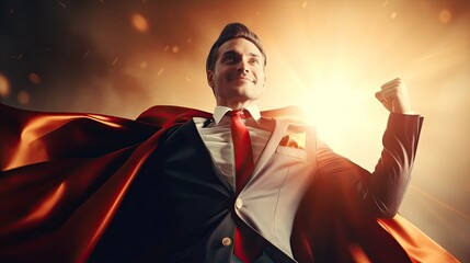 Young man in superhero costume representing power and courage. The concept of success, leadership and victory in business. Illustration for cover, card, postcard, interior design, decor or print. - obrazy, fototapety, plakaty