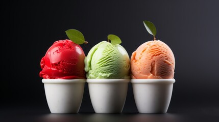 3 Apple ice creams. red green orange ice creams. Minimalism. AI generated.