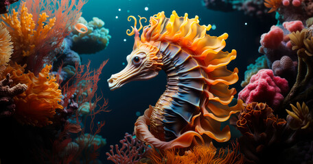Fototapeta na wymiar Seahorse on Coral Reef: Underwater Illustration