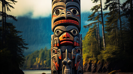 Native American Legacy: Totem Pole Sculpture by the Haida - obrazy, fototapety, plakaty