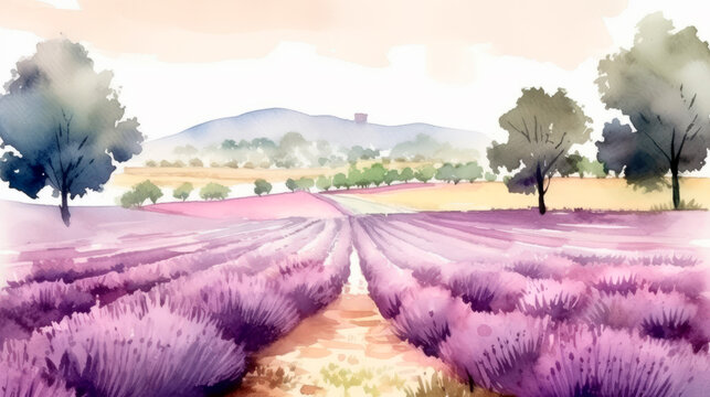 Lavender fields landscape, watercolor illustration of road at lavender farm. Calm painted scenery in purple colors, natural floral production