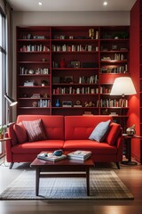 Red sofa in the living room and bookshelf