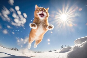 Funny ginger cat jumping in the snow on a sunny winter day