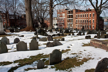 Boston, MA, USA January 10 2010 The historic Granary Cemetery or Burial grounds in downtown Boston.