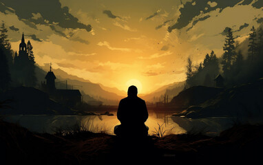 Divine Connection, Silhouette of a Man in Prayer Seeking God's Presence