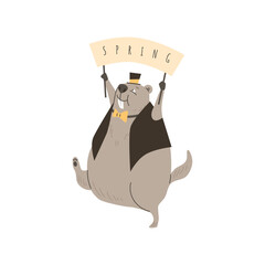 Cute groundhog greeting spring, steps with poster in formal attire, vector funny wild ground animal enjoying spring