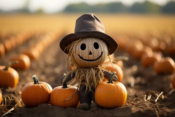 halloween pumpkin scarecrow on a wide field with the sun - obrazy, fototapety, plakaty