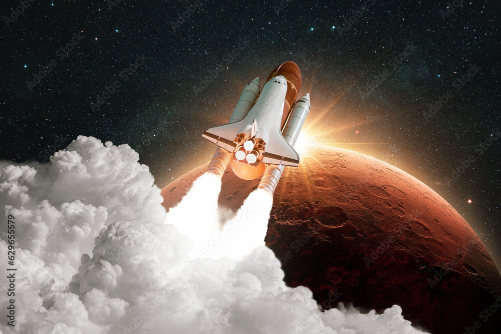 Poster rocket lift off. spacecraft takes off into space. rocket flies to mars. red planet mars in space. sh