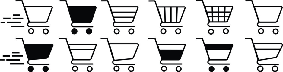 set of Full and empty shopping cart symbol shop and sale icon. Web store shopping cart icon shape button. Internet shop buy logo symbol sign. Isolated on white background. © M