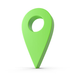 3d rendering Green location symbol of pin. concept of green place for tourist or visitors. Green Destination. Shiny green metal realistic map pointers