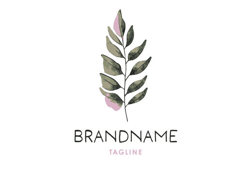 Customizable Logo Plant Branch with Delicate Leaves Watercolor Handdrawn Floral Green Pink
