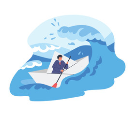 Businessman fights with storm, strong winds and waves on ship, striving to financial success, flat vector illustration