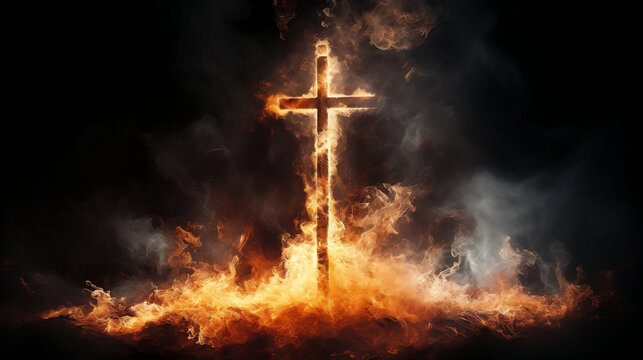 Fiery Christian Cross against a Dark Background