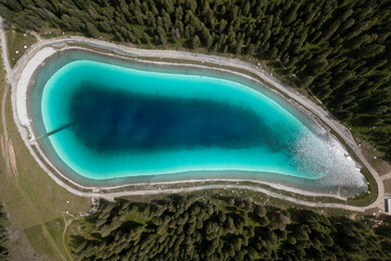 vertical aerial view of Trentino Montagnoli lake