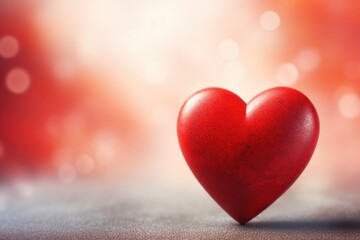 A red heart sitting on top of a table. Digital image. Copy space, place for text. Greeting card.
