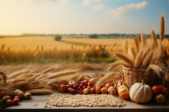 A wooden table topped with lots of different types of food. Harvest time, Thanksgiving decor.