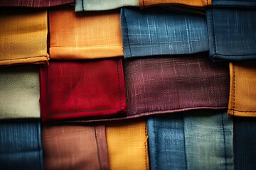 Denim colorful cloth patches, close up. Denim fabric samples texture.