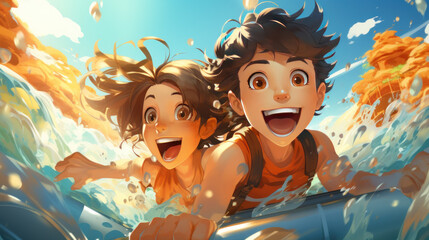 Obraz na płótnie Canvas Happy kids slide down the water slide in the water park. Anime manga style.