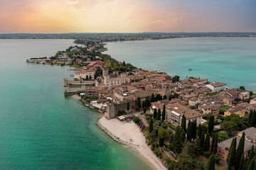 panoramic aerial view of the town of sirmione on lake garda