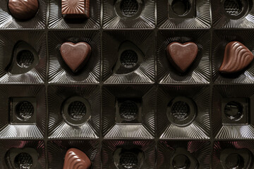 Several chocolates in a box. Almost empty box of chocolates. Someone ate all the candy