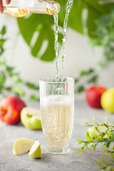 Apple juice and sparkling water in glass. Apfelschorle German drink. Apple fruit, ice and leaves in background. Summertime cold drink