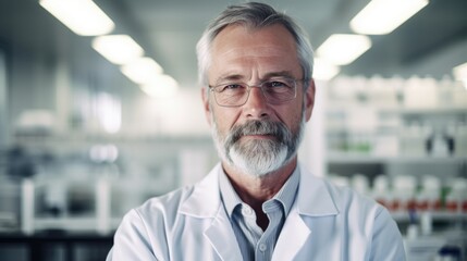 A man in a lab coat standing in a laboratory. Digital image.