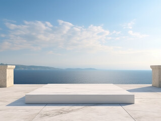 Fototapeta na wymiar White marble podium with sea view on background. High quality photo.