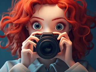 Red hair girl photograph taking a picture, in the style of  cartoon 3D rendering created with Generative AI technology