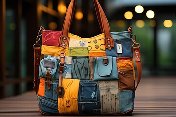 Trendy colorful patchwork bag from denim patches.   - obrazy, fototapety, plakaty