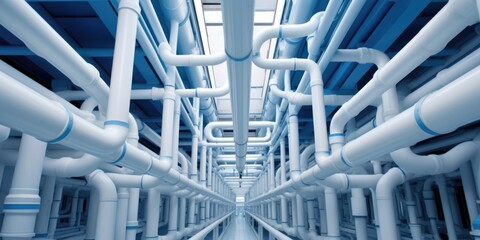 A long hallway of pipes and pipes in a building. Digital image. High tech plumbing infrastructure.