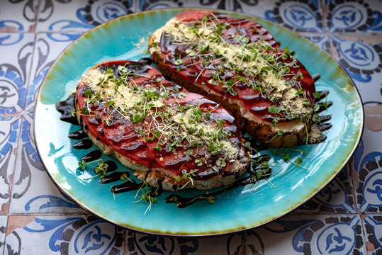 Bruschetta with cream cheese tomato and balsamic cream