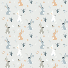 Vector children's bright seamless pattern with rabbits, birds and flowers on a blue background. Ideal for baby prints, textiles, nursery design, wrapping paper, scrapbooking.
