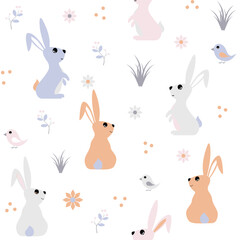 Vector children's bright seamless pattern with rabbit, birds and flowers on a white background. Ideal for baby prints, textiles, nursery design, wrapping paper, scrapbooking.