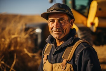 Obraz premium A man standing in front of a tractor in a field. Portrait of a farmer.
