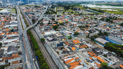 Visão aérea do centro da cidade de Suzano no estado de São Paulo captada por um drone próximo...