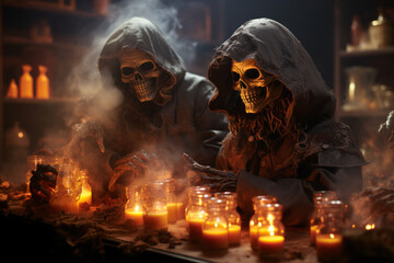 Scary creepy monsters engaged in witchcraft on the eve of Halloween, frightening decorations