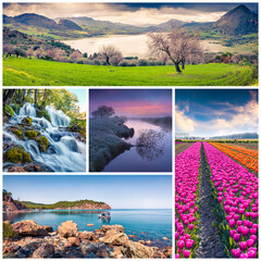 Spring collage. Set of beautiful spring landscapes arranged in a square. Wonderful outdoor scene of mountains, countryside abd blooming valleys. Beauty of nature concept background.
