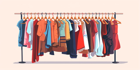 Used clothes on racks, hanging on secondhand store hanger rail. Garments mix on sale. Apparel leftovers assortment in stock shop, charity market.